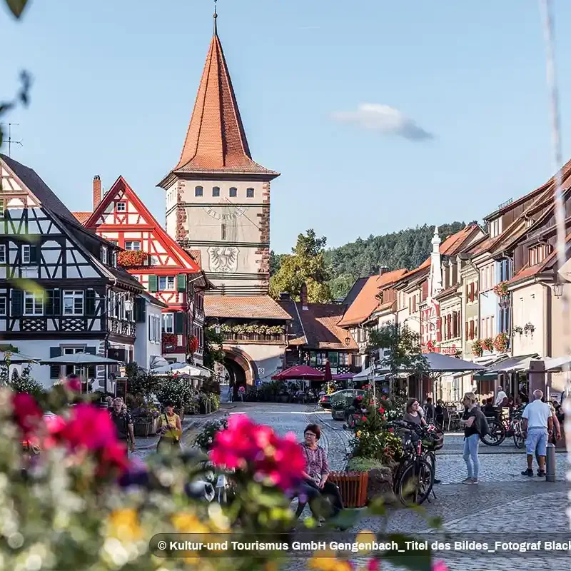 calle del pueblo de Gengenbach en la Selva Negra Alemania con casas tradicionales y torre medieval